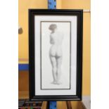 A LARGE FRAMED PRINT OF A MONOCHROME PRINT OF A FEMALE NUDE - APPROXIMATELY 106 BY 64CM