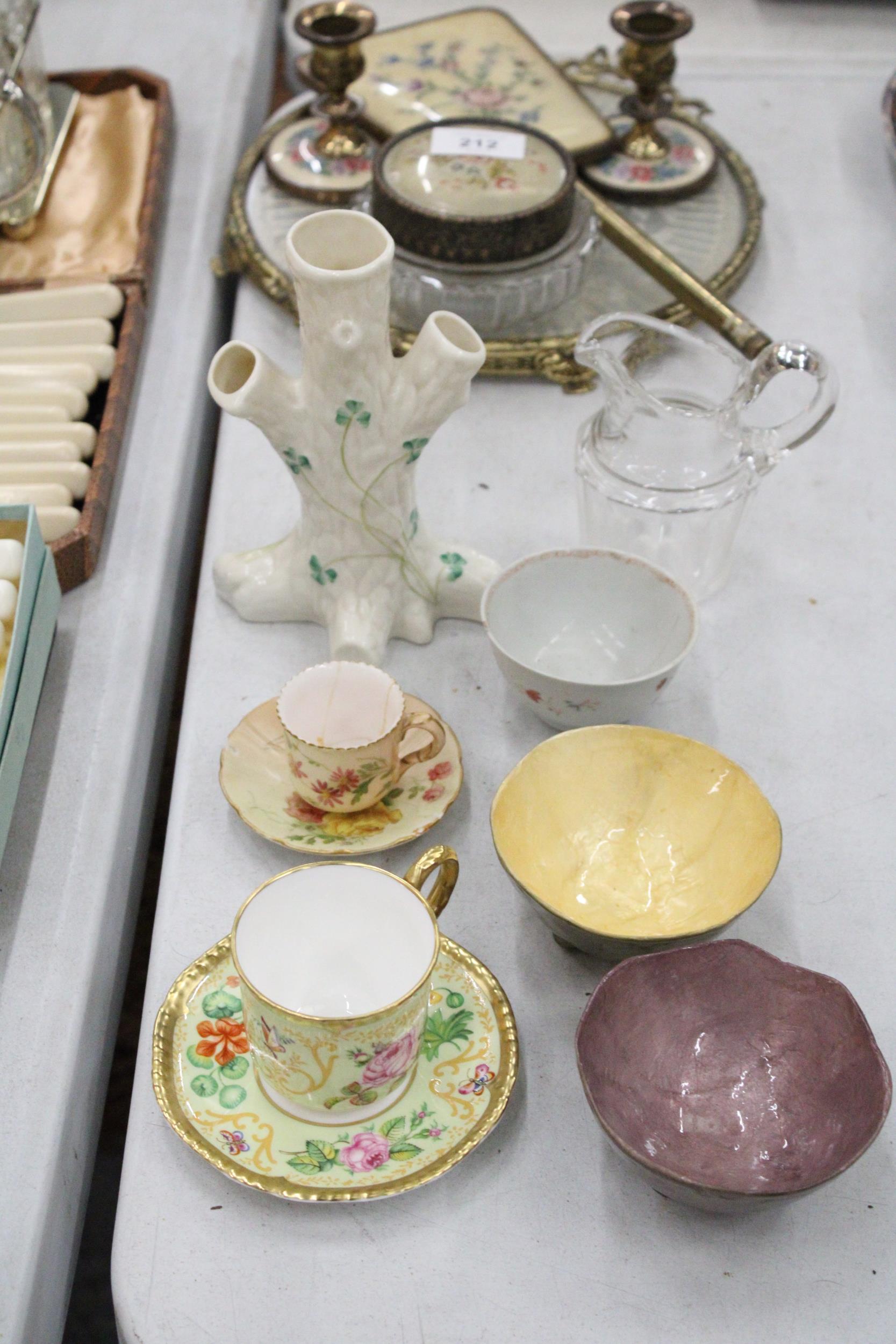 A ROYAL WORCESTER, SAMUEL ASTLES, 'ENGLISH FLOWERS' CUP SND SAUCER, BELLEEK TREE STUMP VASE,