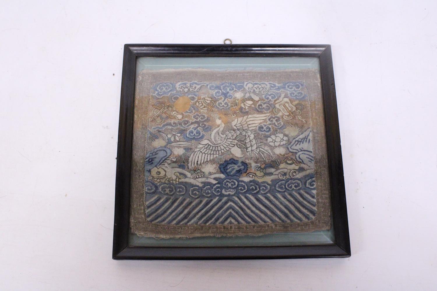 A RARE CHINESE QING DYNASTY KESI RANK BADGE IN BEVEL EDGED FRAME 21 X 19 CM