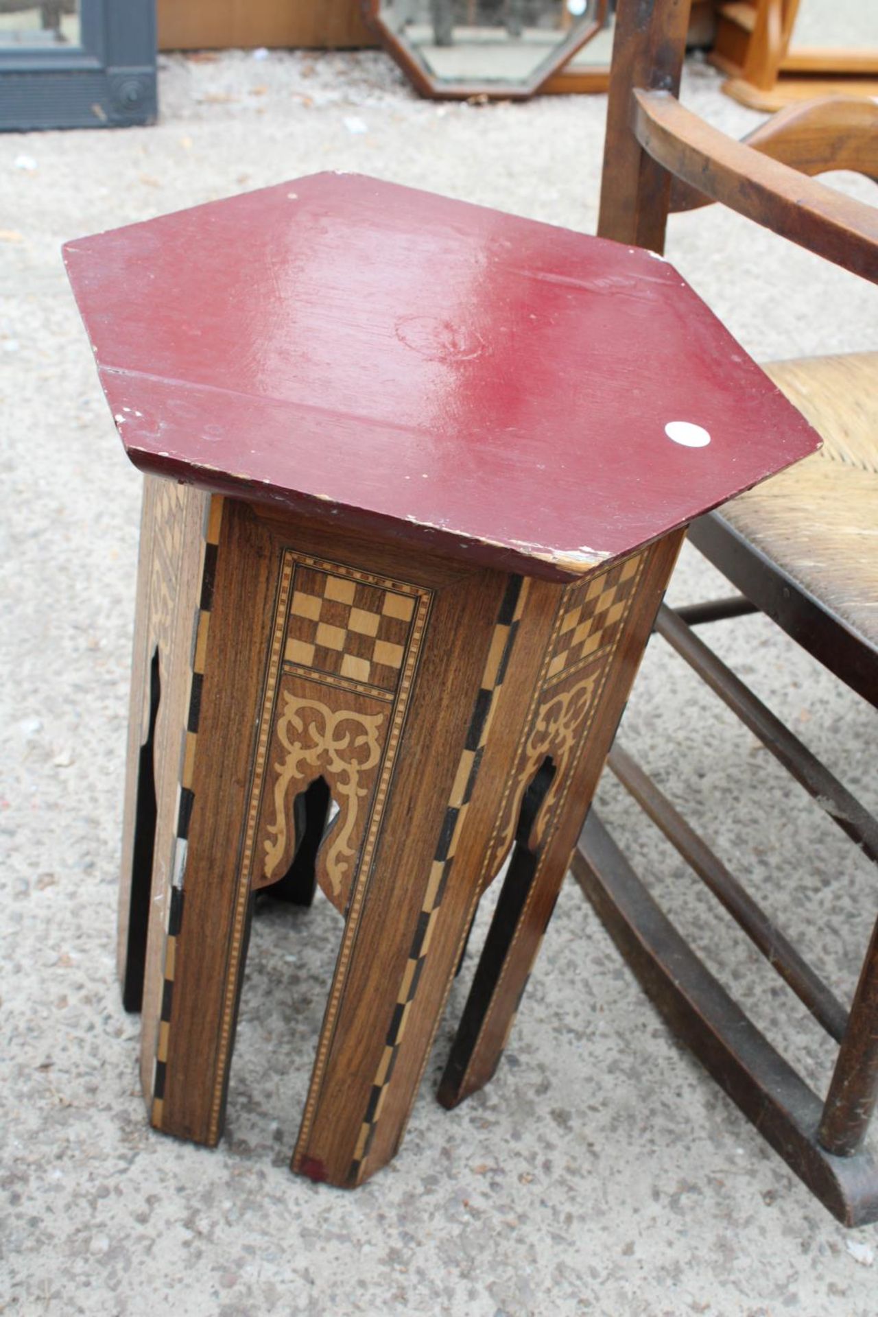 A BEECH FRAMED LADDER BACK ROCKING CHAIR AND A MOORISH STYLE HEXAGONAL TABLE - Image 2 of 3