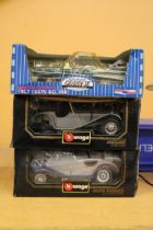 THREE VINTAGE BOXED TOY CARS TO INCLUDE A LIMITED EDITION 1947 CHEVY BEL AIR, JAGUAR AND A ALFA