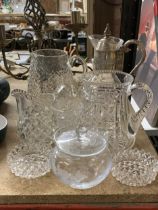 A QUANTITY OF GLASSWARE TO INCLUDE A SILVER PLATED MOUNTED CLARET JUG, JAMPOT, WATER JUGS, ETC.,