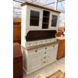 A MODERN PAINTED DRESSER, THE UPPER PORTION ENCLOSING TWO GLAZED CUPBOARDS AND SIX SPICE DRAWERS,