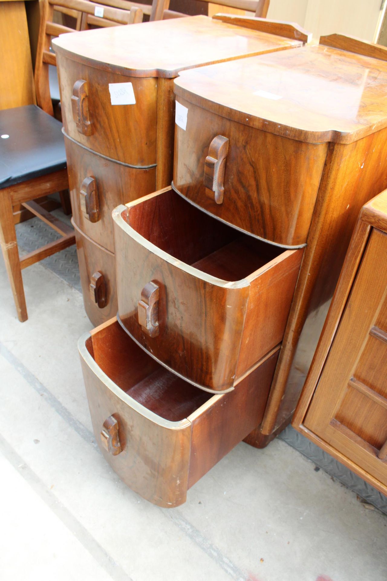 A PAIR OF WALNUT ART DECO THREE DRAWER CHESTS 12.5" WIDE EACH (CUT DOWN DRESSING TABLE) - Image 2 of 4
