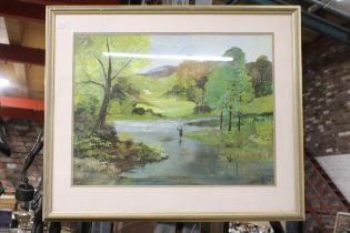 AFRAMED OIL PAINTING, 'THE TROUT FISHERMAN', SIGNED, WYNDEL, 23" X 19"