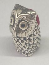 A MARKED SILVER PIN CUSHION IN THE FORM OF AN OWL