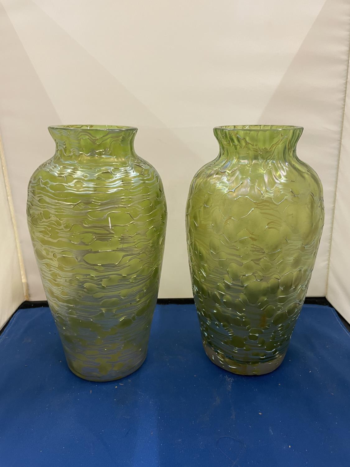 A PAIR OF POSSIBLY LOETZ GREEN LUSTRE VASES APPROXIMATELY 23CM TALL