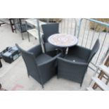 A TILE TOP BISTRO TABLE AND THREE RATTAN CHAIRS