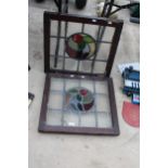 A PAIR OF VINTAGE WOODEN FRAMED STAIN GLASS AND LEADED WINDOWS