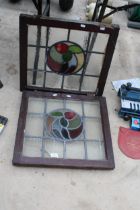 A PAIR OF VINTAGE WOODEN FRAMED STAIN GLASS AND LEADED WINDOWS