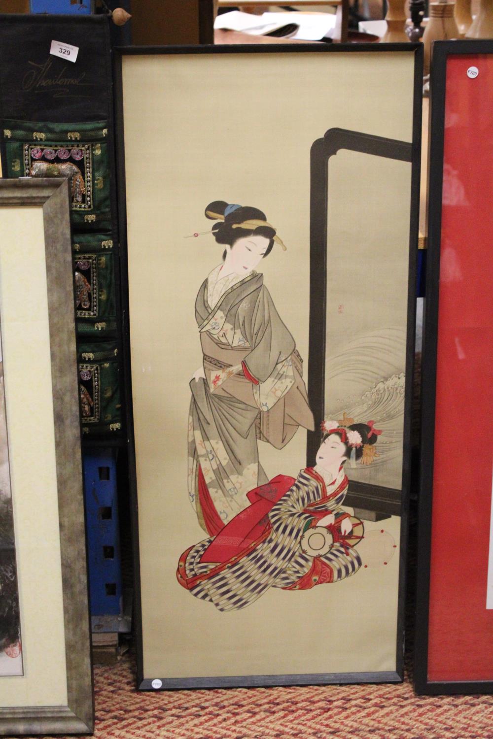 AS FRAMED JAPANESE COLOURED PRINT OF TWO GEISHA GIRLS - 100 CM X 41 CM