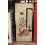 AS FRAMED JAPANESE COLOURED PRINT OF TWO GEISHA GIRLS - 100 CM X 41 CM