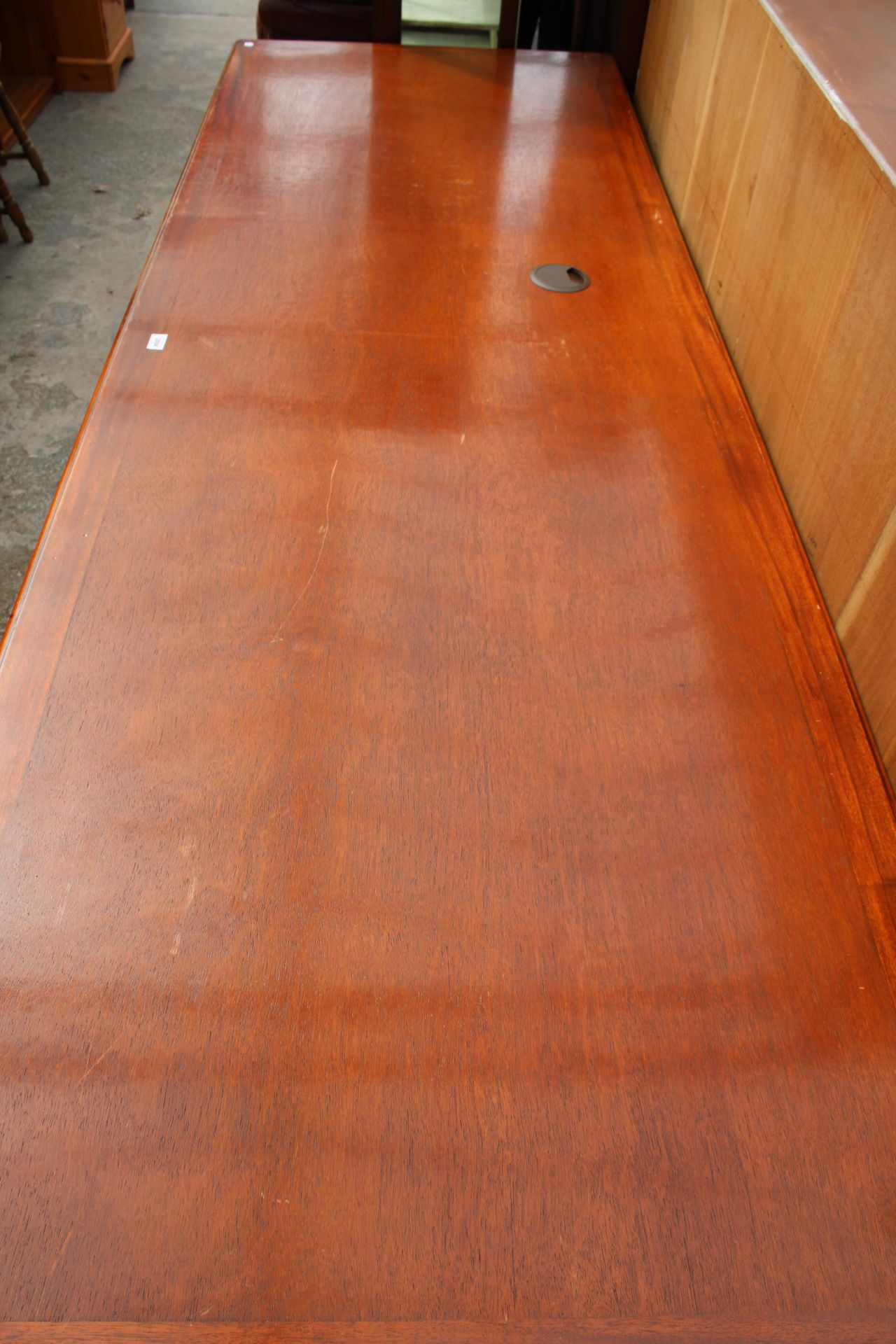 A MODERN PARTNERS/BANKERS DESK ENCLOSING SEVERAL DRAWERS, CUPBOARD AND WIRE DIRECTOR, 99" X 33" - Image 7 of 7
