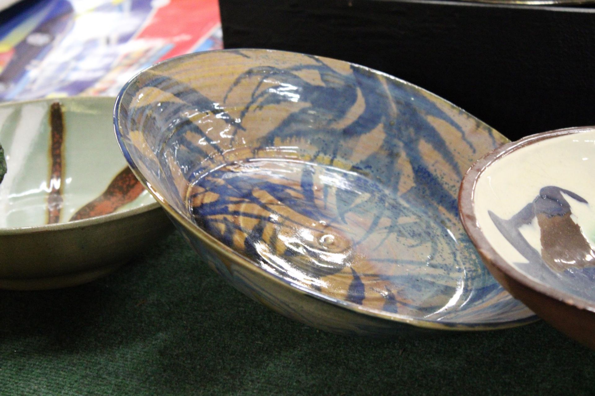 THREE LARGE STUDIO POTTERY GLAZED BOWLS, DIAMETER 30CM - Image 3 of 6