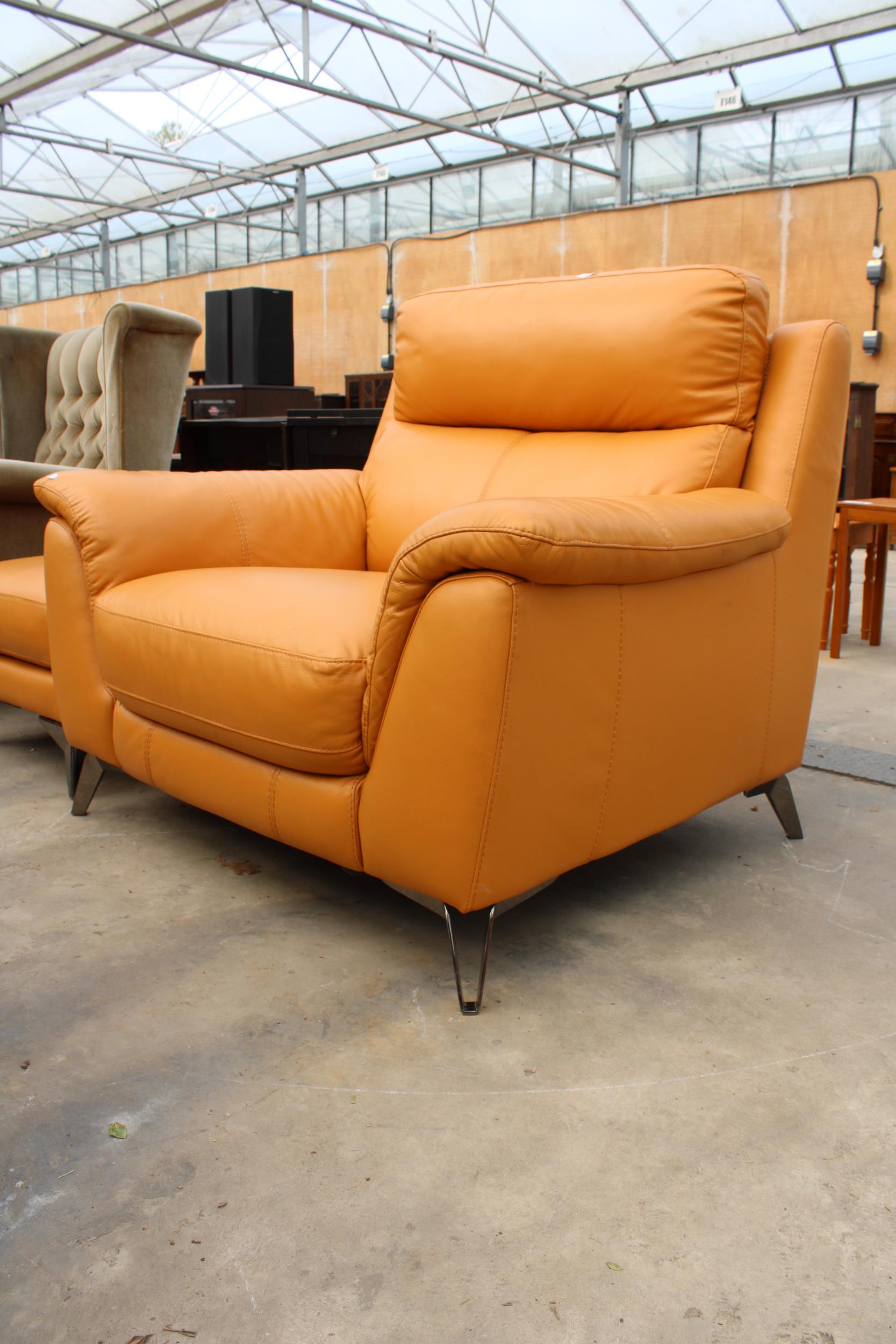 A CARAMEL LEATHER EASY CHAIR AND FOOTSTOOL ON POLISHED CHROME LEGS - Image 3 of 6