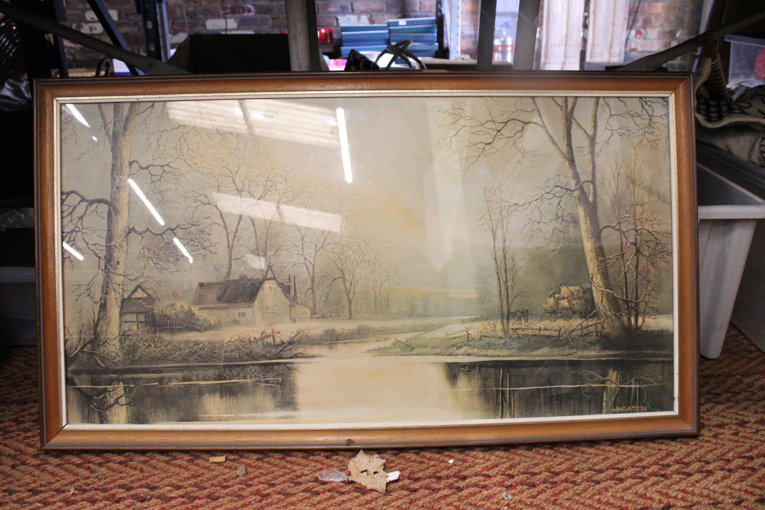 A PRINT OF 'RIVER SCENE' BY KANWAL, FRAMED, 93CM X 52CM