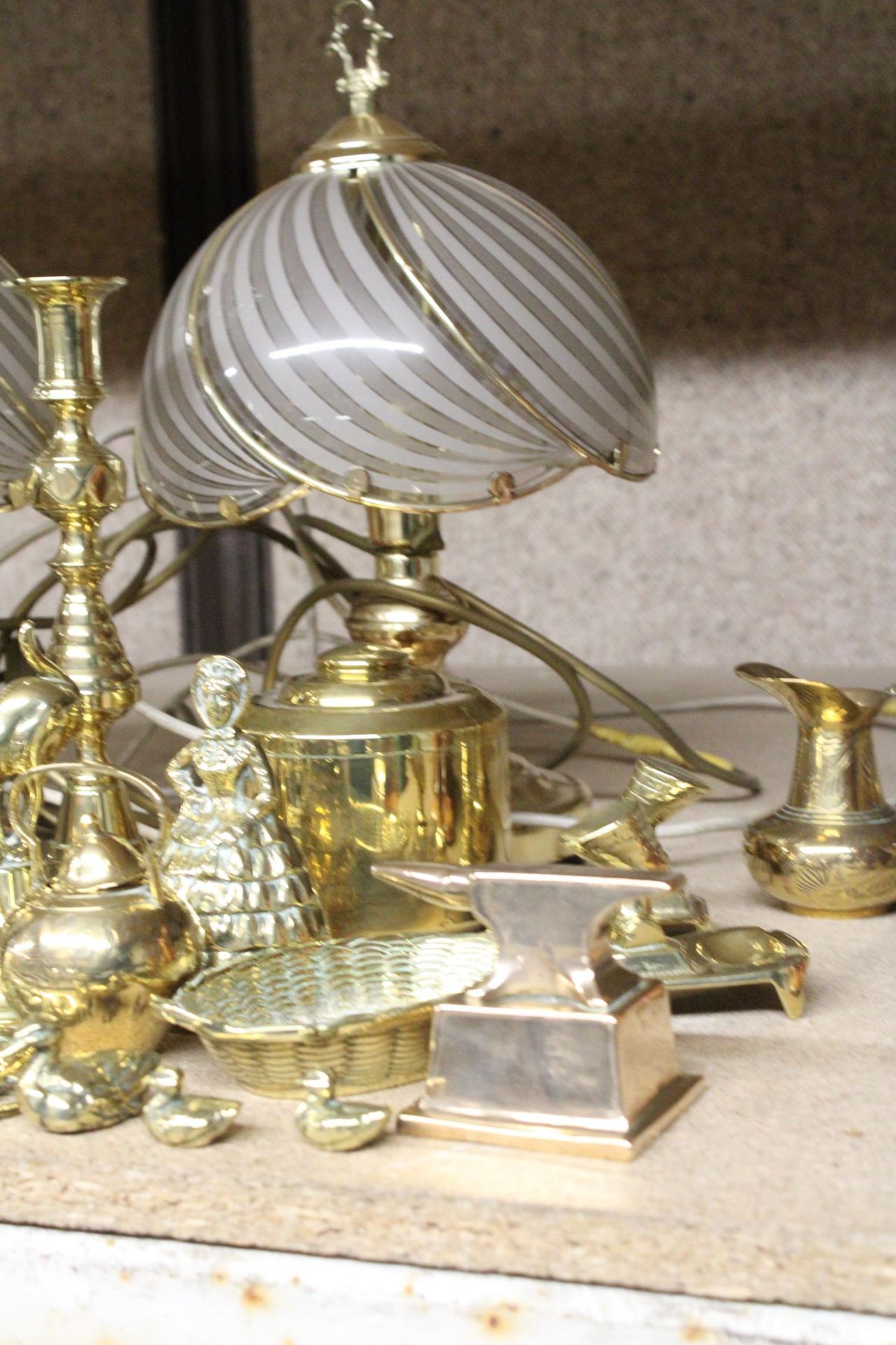 TWO BRASS TABLE LAMPS WITH GLASS SHADES, A PAIR OF CANDLESTICKS, LIDDED POT, ETC - Image 2 of 4