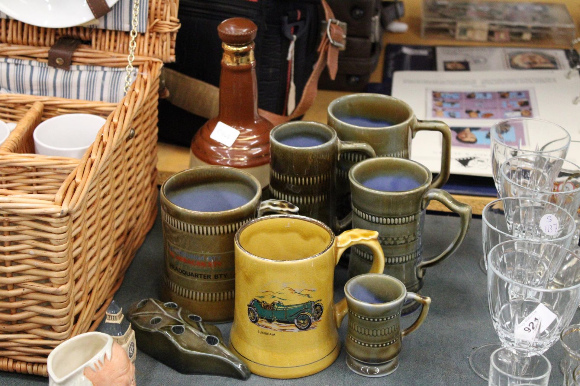 A COLLECTION OF WADE TANKARDS, A LARGE BELL'S WHISKY DECANTER, ETC