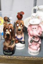 THREE VINTAGE NOVELTY MUSICAL DECANTERS TO INCLUDE A BASSET HOUND "THE LAST SHOT", "BEAUTIFUL