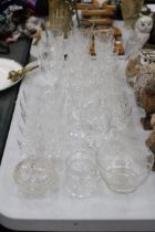 A COLLECTION OF GLASSES TO INCLUDE ETCJED WINE GLASSES, SHERRY, ETC