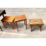 A PINE STOOL, SMALL TEAK TABLE AND A NEST OF TWO TABLES