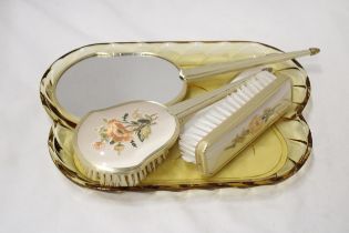 A VINTAGE DRESSING TABLE BRUSH TO INCLUDE, GLAS TRAY, TWO BRUSHES, A MIRROR AND COMB, WITH