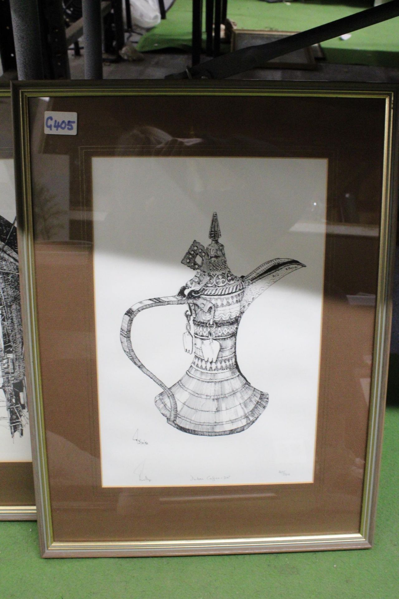 TWO LIMITED EDITION, SIGNED, PEN AND INK FRAMED PRINTS, TO INCLUDE 'DUBAI COFFEE POT' AND 'DHOWS - Image 2 of 5