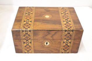 AN EARLY VICTORIAN ROSEWOOD ULTITY BOX WITH MARQUETRY AND NACRE 10" X 7" X 5"