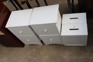 A PAIR OF SMALL MODERN WHITE CHESTS, 13.5" WIDE AND TWO SMALL WHITE STORAGE BOXES
