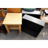 A PAIR OF BLACK ASH EFFECT OPEN SHELVES AND A LAMP TABLE