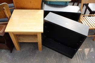 A PAIR OF BLACK ASH EFFECT OPEN SHELVES AND A LAMP TABLE
