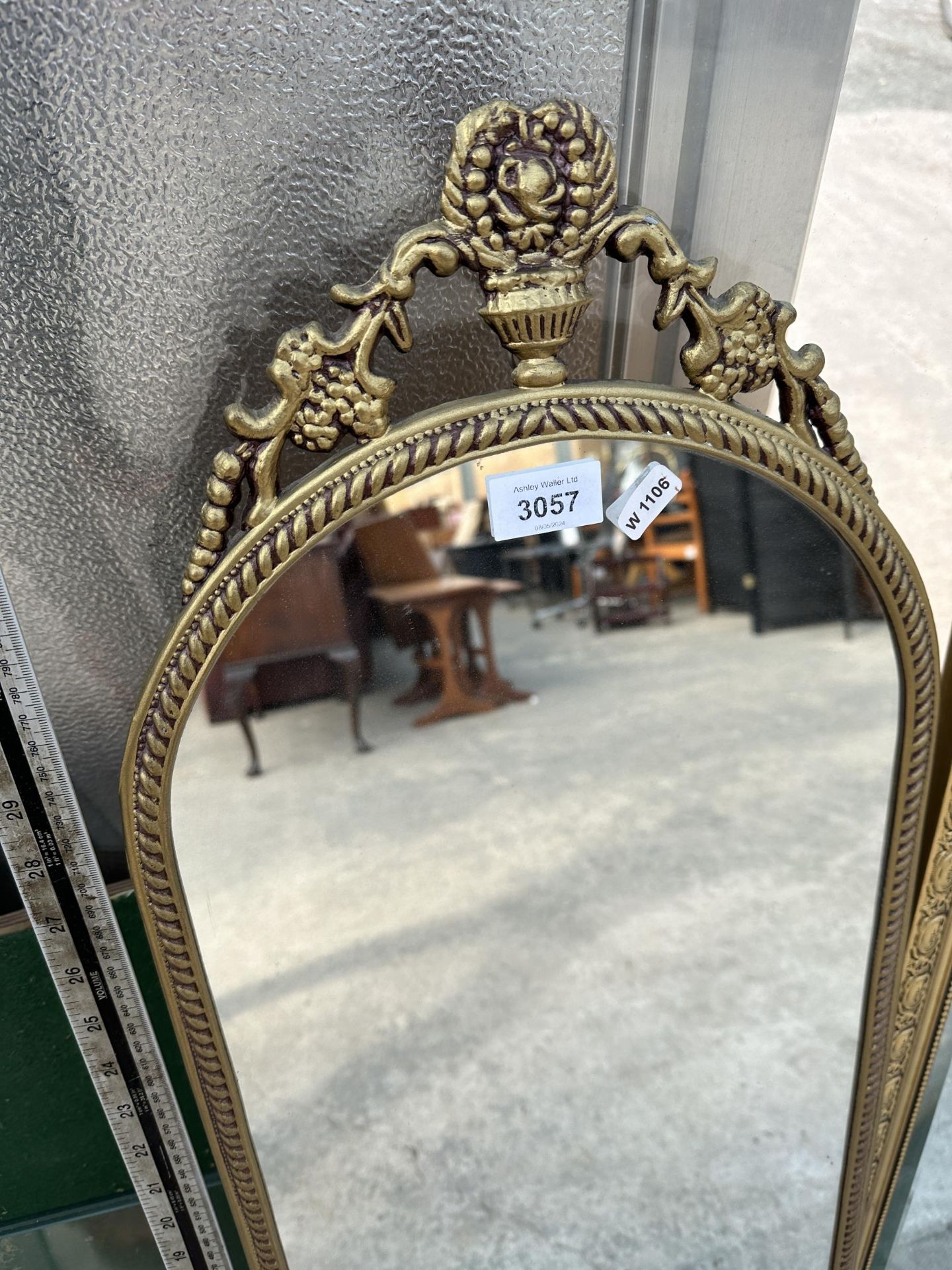 TWO GILT FRAMED MIRRORS - ONE RECTANGULAR, ONE WITH DECORATIVE ARCHED TOP - Image 2 of 3