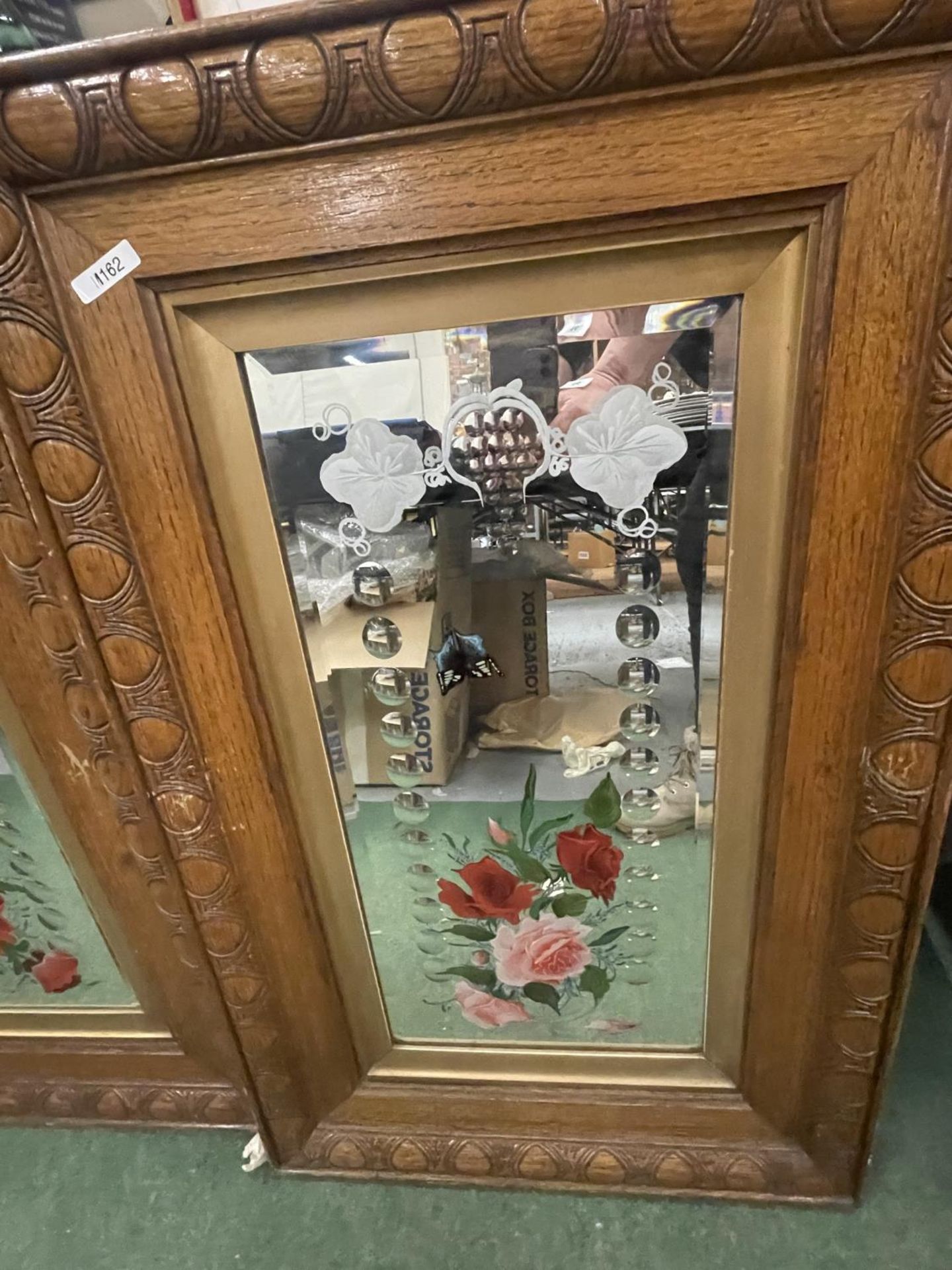 TWO OAK FRAMED DECORATIVE MIRRORS WITH FLOWERS AND BUTTERFLIES 20" X 33" - Image 3 of 6