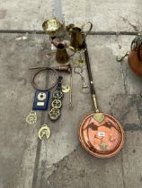 VARIOUS BRASS AND COPPER - WARMING PAN, JUGS, HORSE BRASSES ETC
