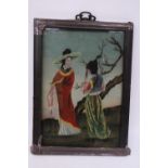 A VINTAGE JAPANESE REVERSE GLASS PAINTING OF TWO YOUNG GIRLS