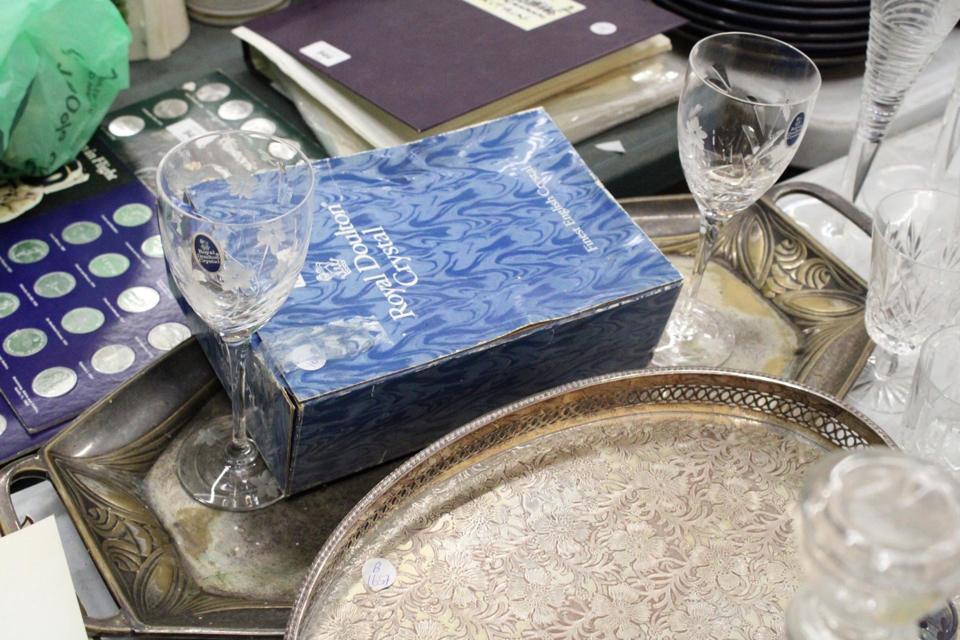 A MIXED LOT TO INCLUDE TWO SILVER PLATED TRAYS, A SET OF SIX COLOURED GLASSES ON A STAND, A PAIR - Image 6 of 6