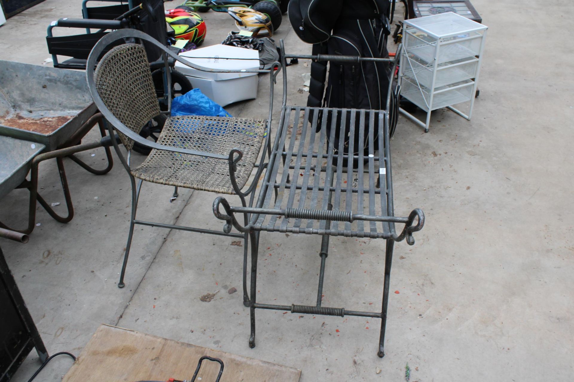 A METAL GARDEN CHAIR WITH RATTAN SEAT AND BACK AND A SIMILAR HEAVY METAL BENCH - Image 2 of 3