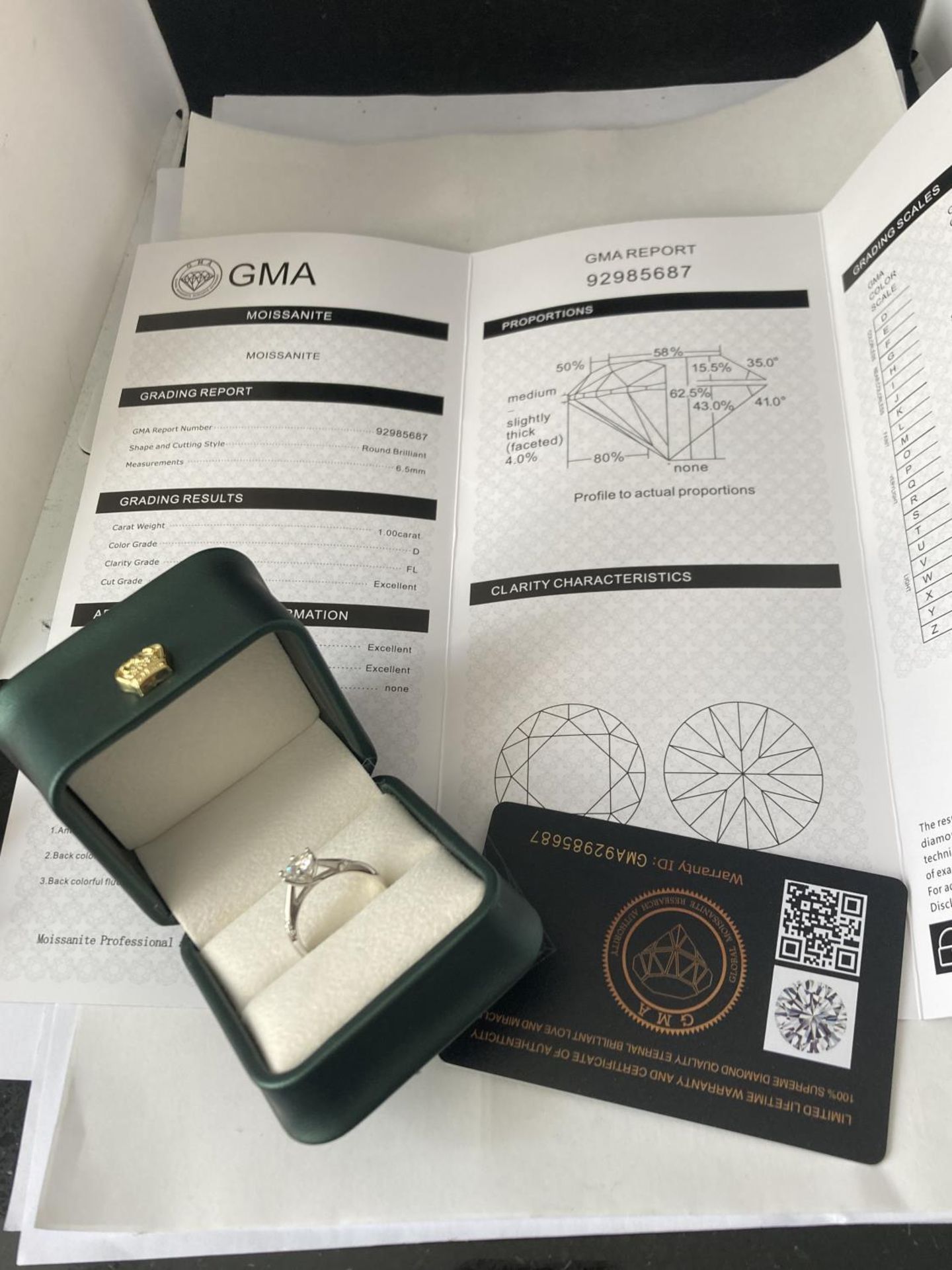 A MARKED 925 RING WITH A ONE CARAT SOLITAIRE MOISSANITE SIZE N/O IN A PRESENTATION BOX WITH A GMA