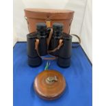 A PAIR OF KRIEGSTETTEN - GAMA BINOCULARS IN A LEATHER CASE WITH A VINTAGE LEATHER TAPE MEASURE