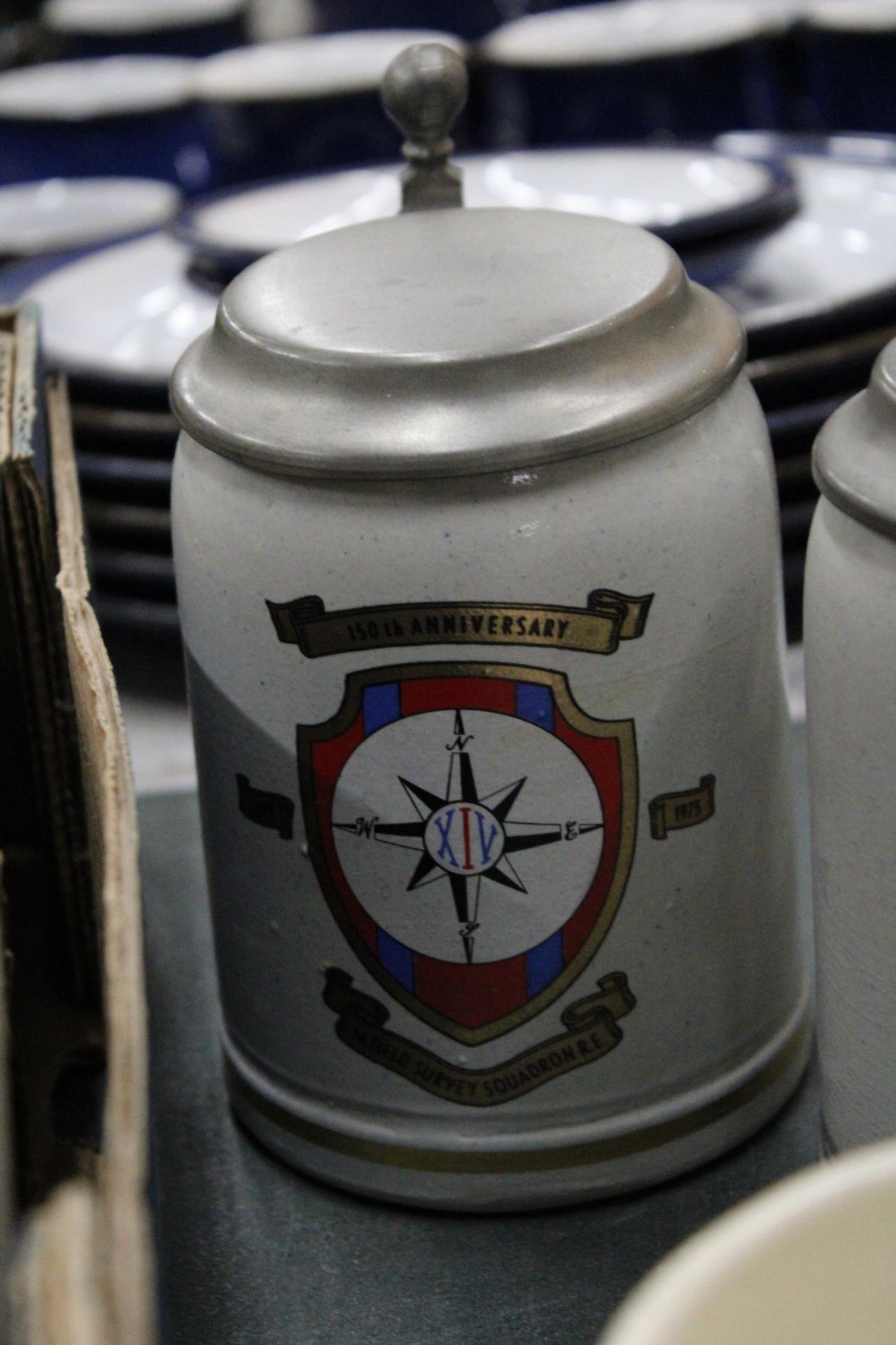 A PAIR OF STONEWARE PEWTER LIDDED MILITARY STEINS - 14 FIELD SURVEY SQUADRON RE - Image 4 of 6