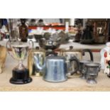 TWO SILVER PLATED TROPHIES, ONE BEING A ROSE BOWL, THREE TEAPOTS AND TWO SMALL URNS