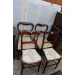 A PAIR OF VICTORIAN SIMULATED ROSEWOOD DINING CHAIRS AND TWO BEDROOM CHAIRS