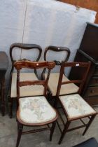A PAIR OF VICTORIAN SIMULATED ROSEWOOD DINING CHAIRS AND TWO BEDROOM CHAIRS