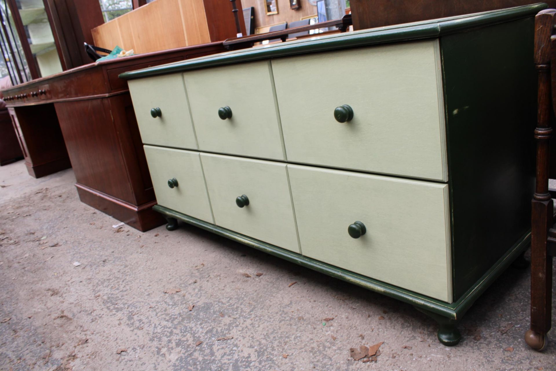 A VICTORIAN STYLE BLANKET CHEST WITH THREE DRAWERS AND THREE SHAM DRAWERS, 57" WIDE - Image 2 of 3