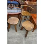 AN ELM AND BEECH HIGH BACK CHILDS STOOL AND A PAIR OF RUSTIC STYLE STOOLS