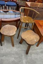 AN ELM AND BEECH HIGH BACK CHILDS STOOL AND A PAIR OF RUSTIC STYLE STOOLS