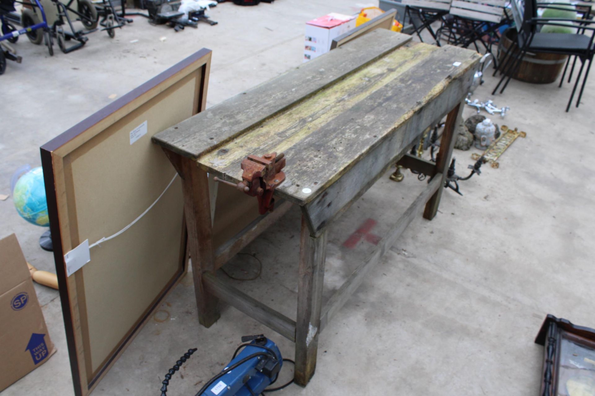 A VINTAGE WOODEN WORK BENCH WITH SMALL BENCH VICE - Image 2 of 2
