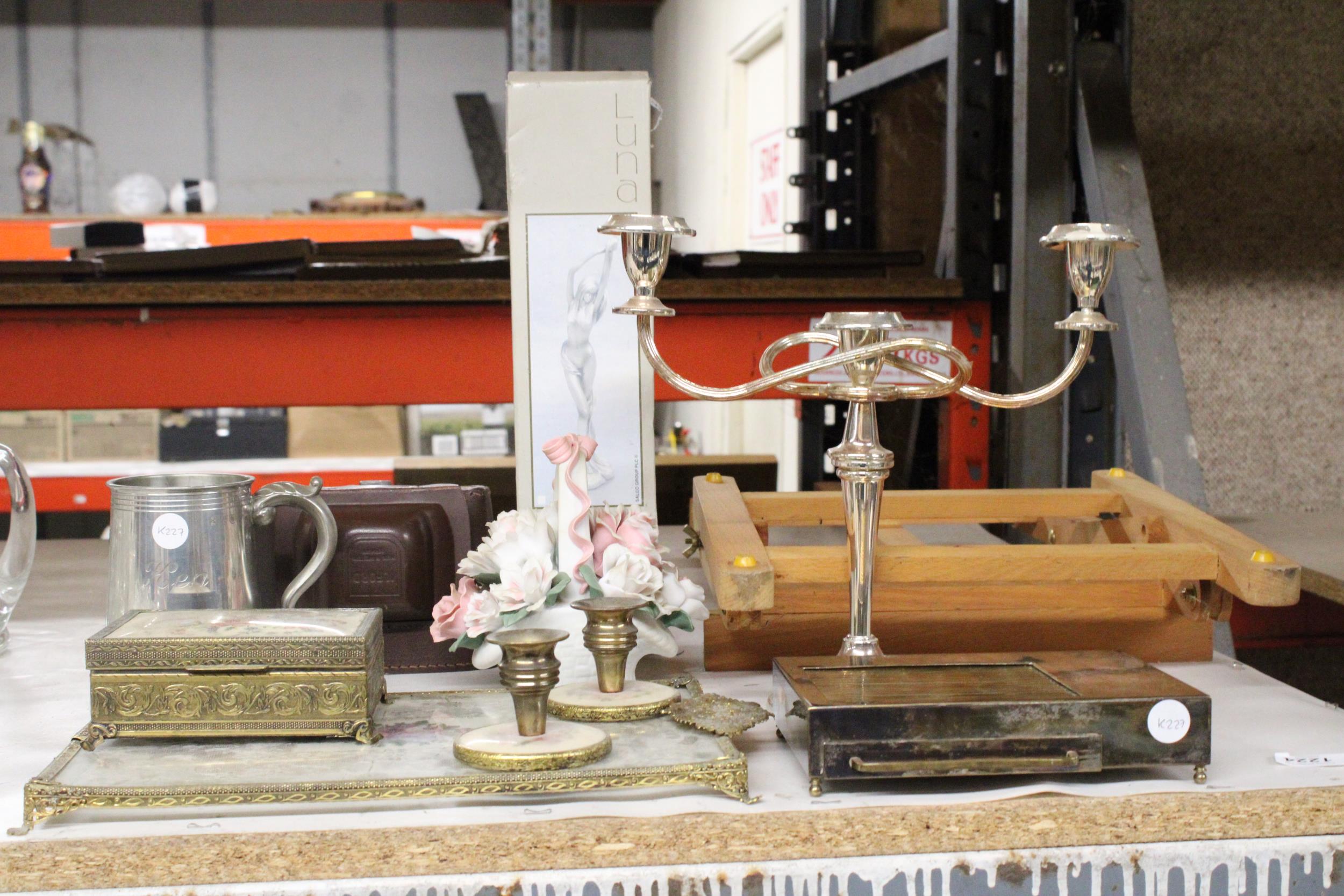 A MIXED LOT TO INCLUDE A PETIT POINT TRAY, TRINKET BOX AND CANDLESTICKS, A TWO BRANCH CANDLEABRA,