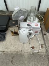 AN ASSORTMENT OF ITEMS TO INCLUDE A FOOD PROCESSOR, AN IRON AND A FAN ETC
