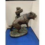 A LARGE BRONZE FIGURE OF A CHAINED UP DOG HEIGHT APPROXIMATELY 33CM